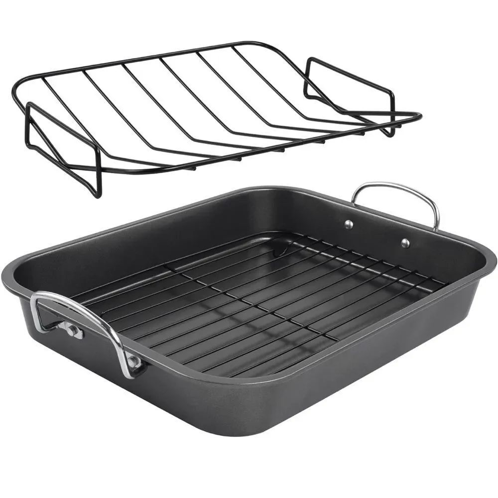 Nonstick Black Roasting Pan with Rack - 16 Inch Rectangular Dishwasher Safe